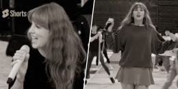 On the left, swift in a black shirt sings into a microphone. On the right, swift in a scalloped skirt and oversized sweater holds a mic among her dancers