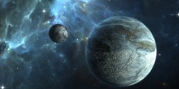 Extrasolar planet. Stone Planet with moon on background nebula.