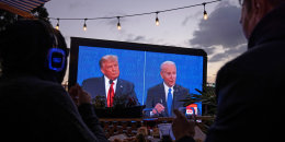 Diners at a tavern in San Diego watch Donald Trump and Joe Biden in a presidential debate on Oct. 22, 2020. 