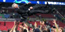 Real Madrid's players throw head coach Carlo Ancelotti in the air after winning the Champions League final soccer match between Borussia Dortmund and Real Madrid at Wembley stadium in London, Sunday, June 2, 2024. Real Madrid won 2-0. (AP Photo/Frank Augstein)