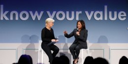 Kamala Harris and Mika Brzezinski talk on stage