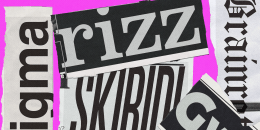 Collage of various Gen Alpha slang words in different fonts: "Sigma," "Rizz," "Skibidi", "Gyatt", and "Brainrot"