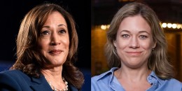 A side by side split image of Kamala Harris and Elise Jordan