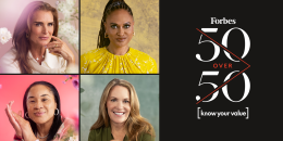 Brooke Shields, Ava DuVernay, Dawn Staley, and Peggy Johnson appear in a 4 by 4 grid next to text that reads: "Forbes 50 over 50 [know your value]"