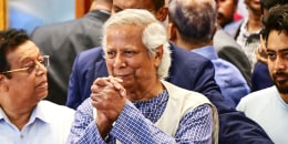 Nobel laureate Muhammad Yunus  at a news conference at the Hazrat Shahjalal International Airport in Dhaka on Aug. 8, 2024. 