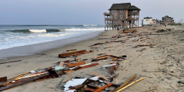 Debris from a collapsed beach house along the Cape Hatteras National Seashore caused by Hurricane Ernesto in Rodanthe, N.C., on Friday, Aug. 16, 2024.