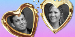 Black and white photographs of Ben Affleck and Jennifer Lopez in a broken heart shaped locket.