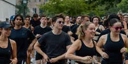 Runners part of the Lunge Run Club depart Washington Square Park in New York on Aug. 28.