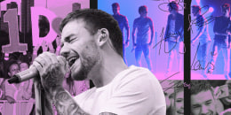 Collage of photos of Liam Payne performing and with fans; One Direction fans; One Direction on stage.