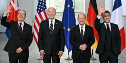 Image: quad meeting British PM Keir Starmer, President Joe Biden, German Chancellor Olaf Scholz and French President Emmanuel Macron politics political politicians