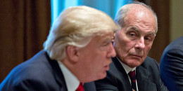 Then-White House chief of staff John Kelly listens as then-President Donald Trump speaks at a briefing with senior military leaders