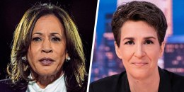 A split composite of Harris and Maddow.