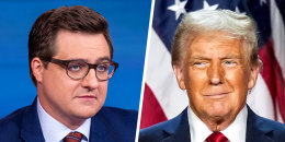 A split side by side image of Chris Hayes and Donald Trump