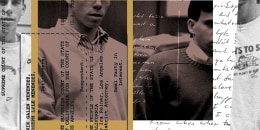 Photo collage of Erik and Lyle Menendez, overlaid with handwriting from Erik's letter to his cousin 