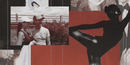 Photo collage featuring desaturated images of a couple, who are Ashley and Doug Benefield. Overlayed between these photos are scraps of paper in white and red, as well as a dark silhouette of a ballerina in an arabesque position.