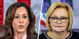 A split composite of Kamala Harris and Claire McCaskill.