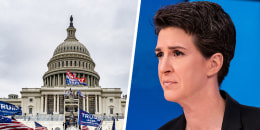 A split composite of a Jan. 6 scene and Rachel Maddow.