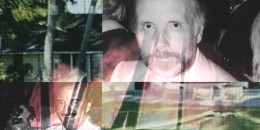 Canvas divided into four quarters. In the top left and bottom right is a grainy image of a home in a tropical location. In the top right, a photo of Elmer Holmgren; in the bottom left, a photo of Sante Kimes and Kennet Kimes Senior. Superimposed across the canvas is the image of a home burning down.