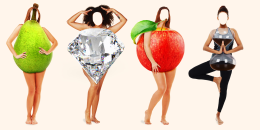 Collage artwork depicting women of diverse body shapes, symbolized by fruit and geometric forms: pear, diamond, apple, and hourglass.