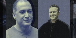 Cutout headshots of two men, next to each other. On the left is Nima Momeni, and on the right is Cash App founder Bob Lee. In the background is a blurry still from security camera footage.