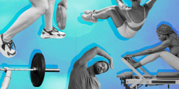 Blue gradient background with several cropped cutouts of people doing various workouts. From top left to bottom right: a person picking up a weight; a woman doing crunches; someone holding up a barbell; a man doing a yoga stretch; and a woman on a pilates reformer.