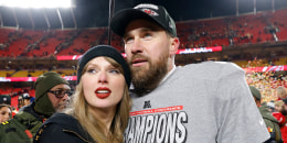 Taylor Swift celebrates with Travis Kelce #87 of the Kansas City Chiefs after defeating the Buffalo Bills 32-29 in the AFC Championship Game at GEHA Field at Arrowhead Stadium on January 26, 2025 in Kansas City, Missouri.