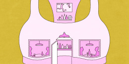 Illustration of a woman's sports bra showing the windows, entrance and shelves of a sports bar. Soccer plays on the television.