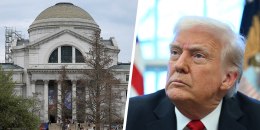 A split composite of the Smithsonian museum and Donald Trump.