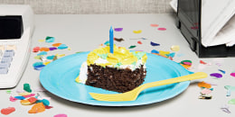 Birthday cake on an office desk