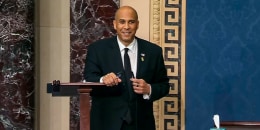 Sen. Cory Booker, D-N.J., speaks on the floor of the Senate at the U.S. Capitol on April 1, 2025.