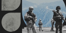 Photo collage with cutouts of several NATO soldiers in active combat gear, against a blue tinted photo of mountains in Afghanistan.