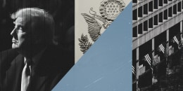Photo collage with a black and white side profile photo of Donald Trump on the left, part of the United States Presidential Seal in the middle, and a photo of a building with American flags lined up on the walls.