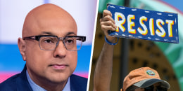 Ali Velshi and a protest sign.