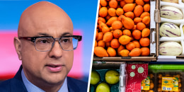 A split composite image of Ali Velshi, left, and fruits and vegetables