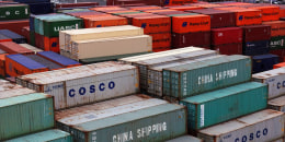 An aerial view of shipping containers.