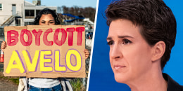 A split composite of a protestor holding a sign that says "boycott Avela", left, and Rachel Maddow