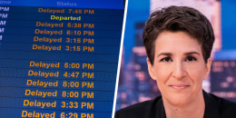 A split composite of a flight status screen and Rachel Maddow.