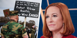 A split composite image of James Parker at a veterans' march holding a sign that reads "We kept our oath and kept you safe, now it's your turn! Protect veteran benefits, they were earned", left, and Jen Psaki.