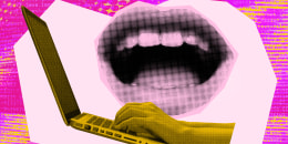 Photo Illustration: A mouth and laptop over a texture of code