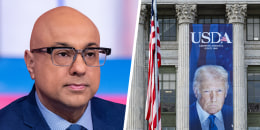 Ali Velshi; a banner showing an image of President Donald Trump hangs on the side of a U.S. Department of Agriculture building.