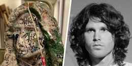 LEFT: The long-lost bust of American singer Jim Morrison that once adorned the grave of the iconic frontman of The Doors, recovered by chance by French police 37 years after it was stolen from a Paris cemetery. Photograph released on May 19, 2025. RIGHT: Jim Morrison of The Doors on THE SMOTHERS BROTHERS COMEDY HOUR. Image dated January 6, 1969.