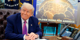 President Donald Trump and Defense Secretary Pete Hegseth in the Oval Office as they announce plans for a "Golden Dome" on May 20, 2025.