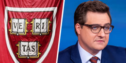 Side by side of Chris Hayes and Harvard Veritas flag