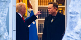 Donald Trump, left, points a finger at Elon Musk inside of an office while standing