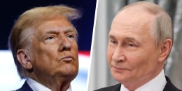 COMPOSITE IMAGE. LEFT: ZEBULON, GEORGIA - OCTOBER 23: Republican presidential nominee, former U.S. President Donald Trump looks on during a roundtable with faith leaders at Christ Chapel on October 23, 2024 in Zebulon, Georgia. RIGHT:  In this pool photograph distributed by Russian state agency Sputnik, Russia's President Vladimir Putin gives a speech during a ceremony to present presidential prizes for young culture professionals, and for literature and art works for children and young people at the Kremlin in Moscow on March 25, 2025.