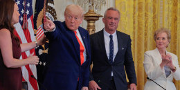 Agriculture Secretary Brooke Rollins, President Donald Trump, Health and Human Services Secretary Robert F. Kennedy Jr. and Education Secretary Linda McMahon attend and release event for a new a "Make America Healthy Again" event at the White House on May 22, 2025.