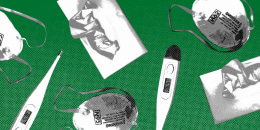 Repeating pattern of thermometers, N95 masks, and tissue boxes against a green background.