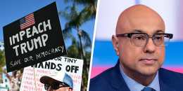 A side by side of a protester holding a sign that reads, "Impeach Trump Save our Democracy" and Ali Velshi