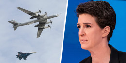 A split composite image of a Russian Tupolev TU-95 and Rachel Maddow