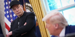 Elon Musk listens as President Donald Trump speaks in the Oval Office on May 30.